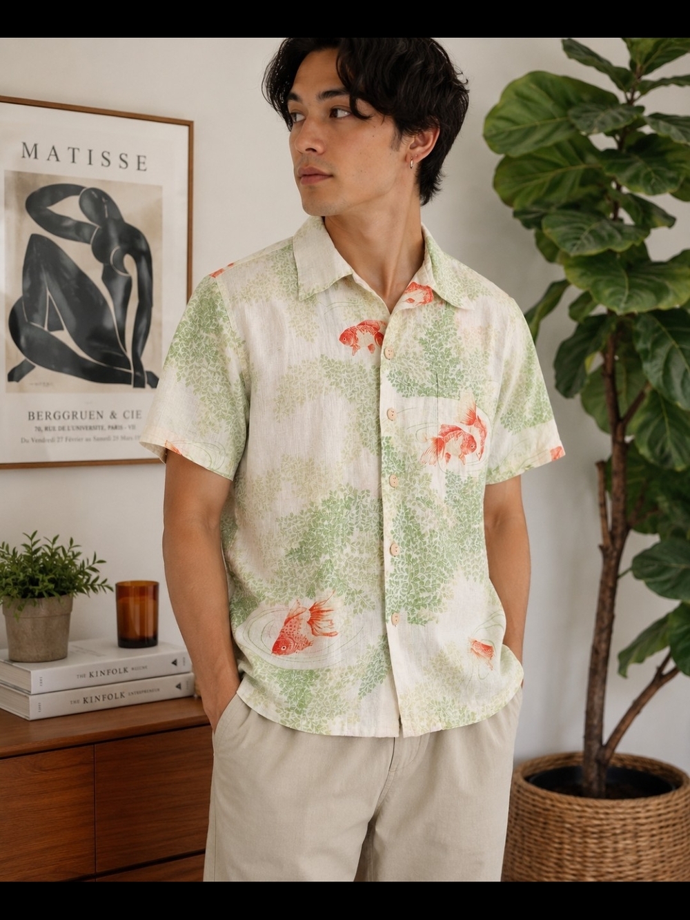 Oniwasoto Hawaiian Shirt Mens M Koi Fish Linen Blend Camp Aloha Japan Print